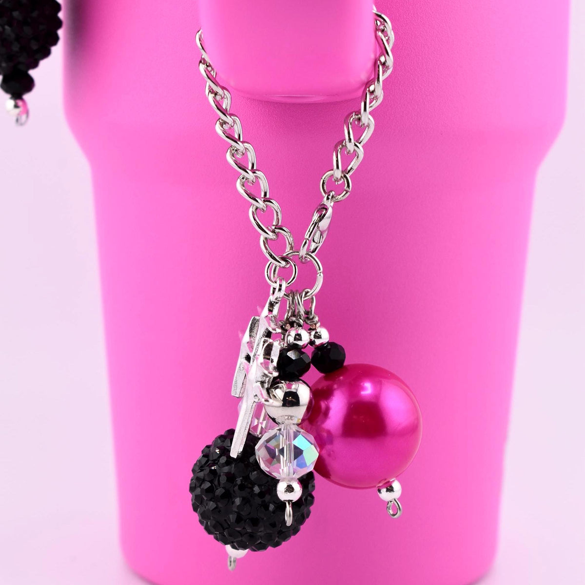 Hot Pink Black Beaded Tumbler Charm – Handle, Straw, Bag Accessory
