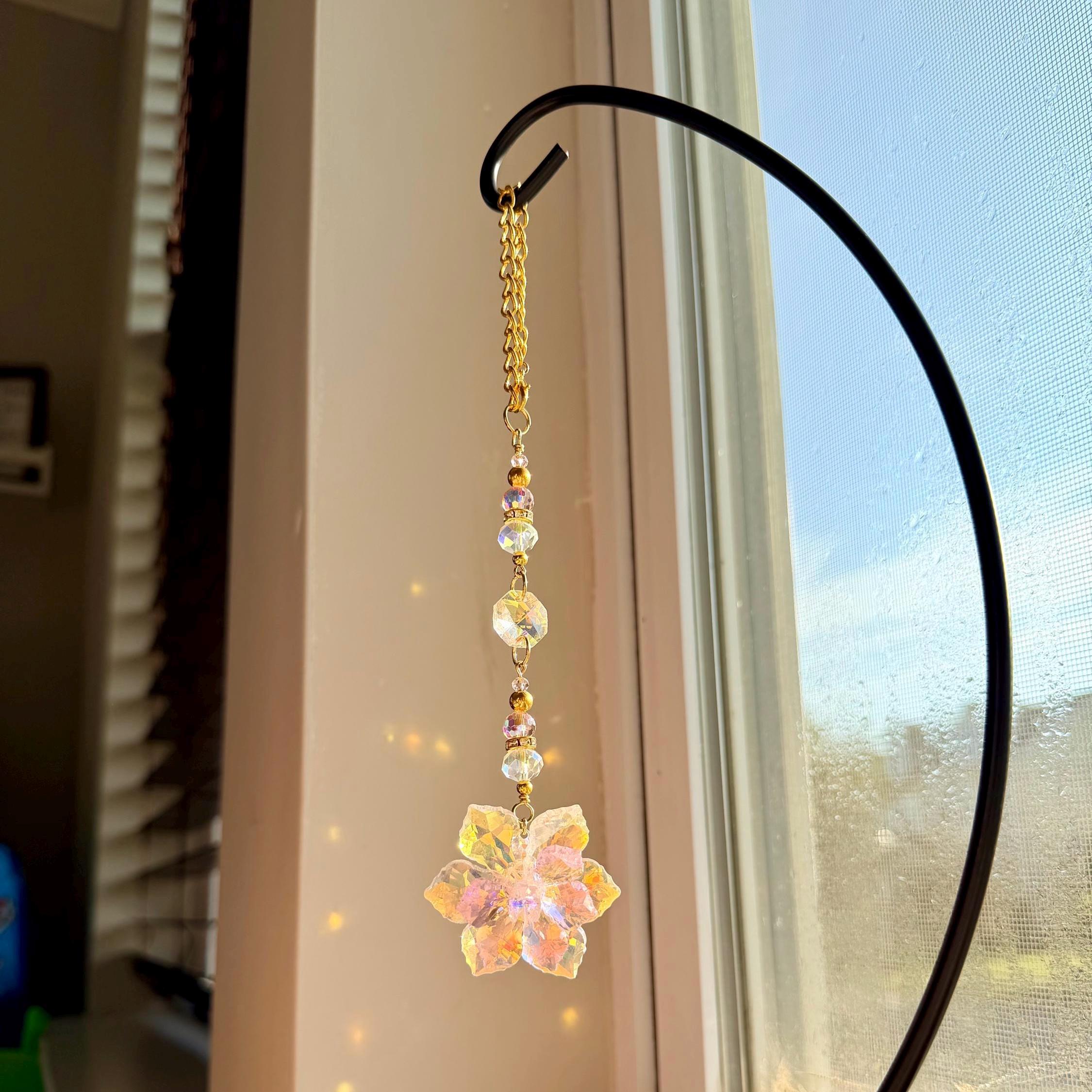 Crystal Lotus Flower Suncatcher Pink Prism Gold Chain Window Hanging Rearview Mirror Charm Car Decor