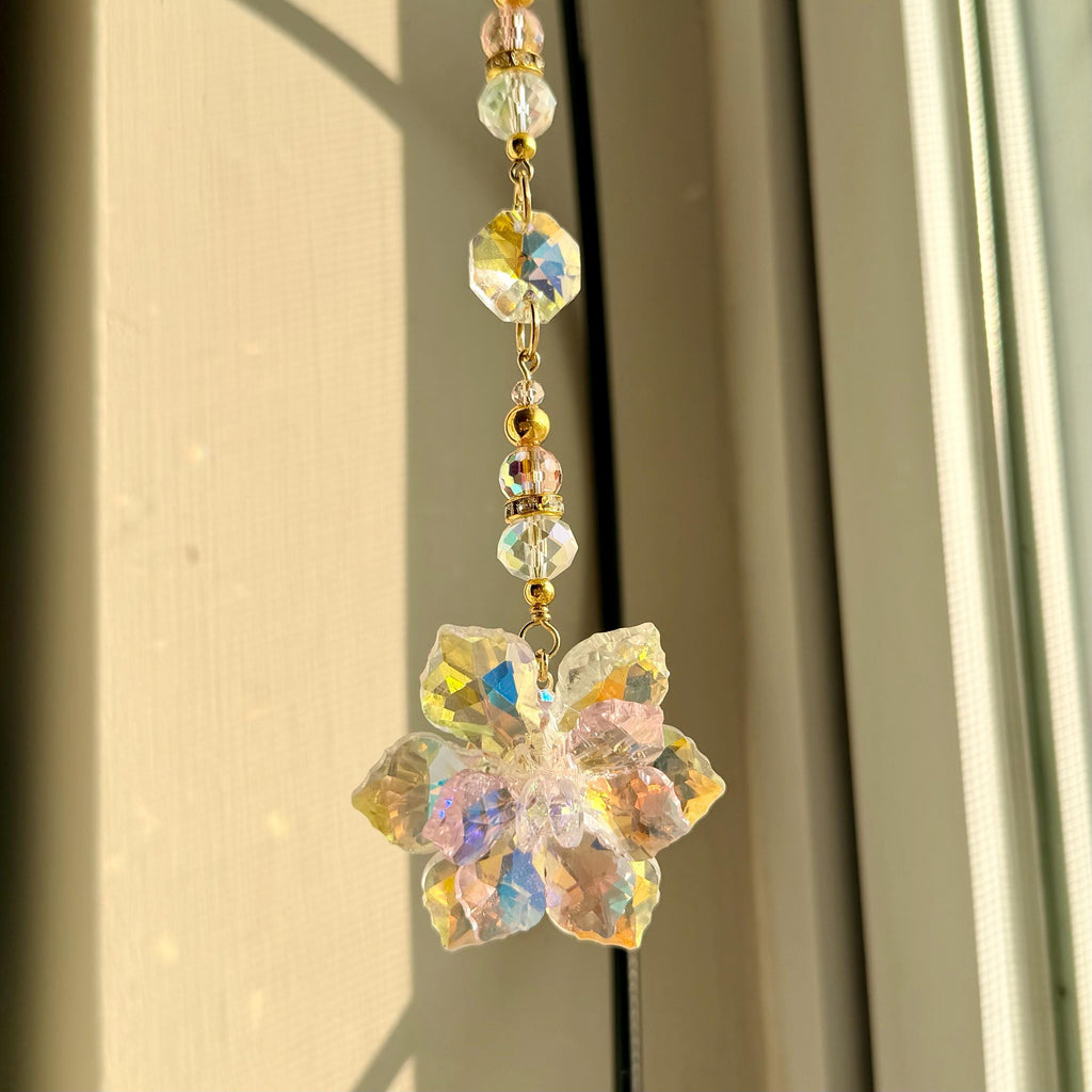 Crystal Lotus Flower Suncatcher Pink Prism Gold Chain Window Hanging Rearview Mirror Charm Car Decor