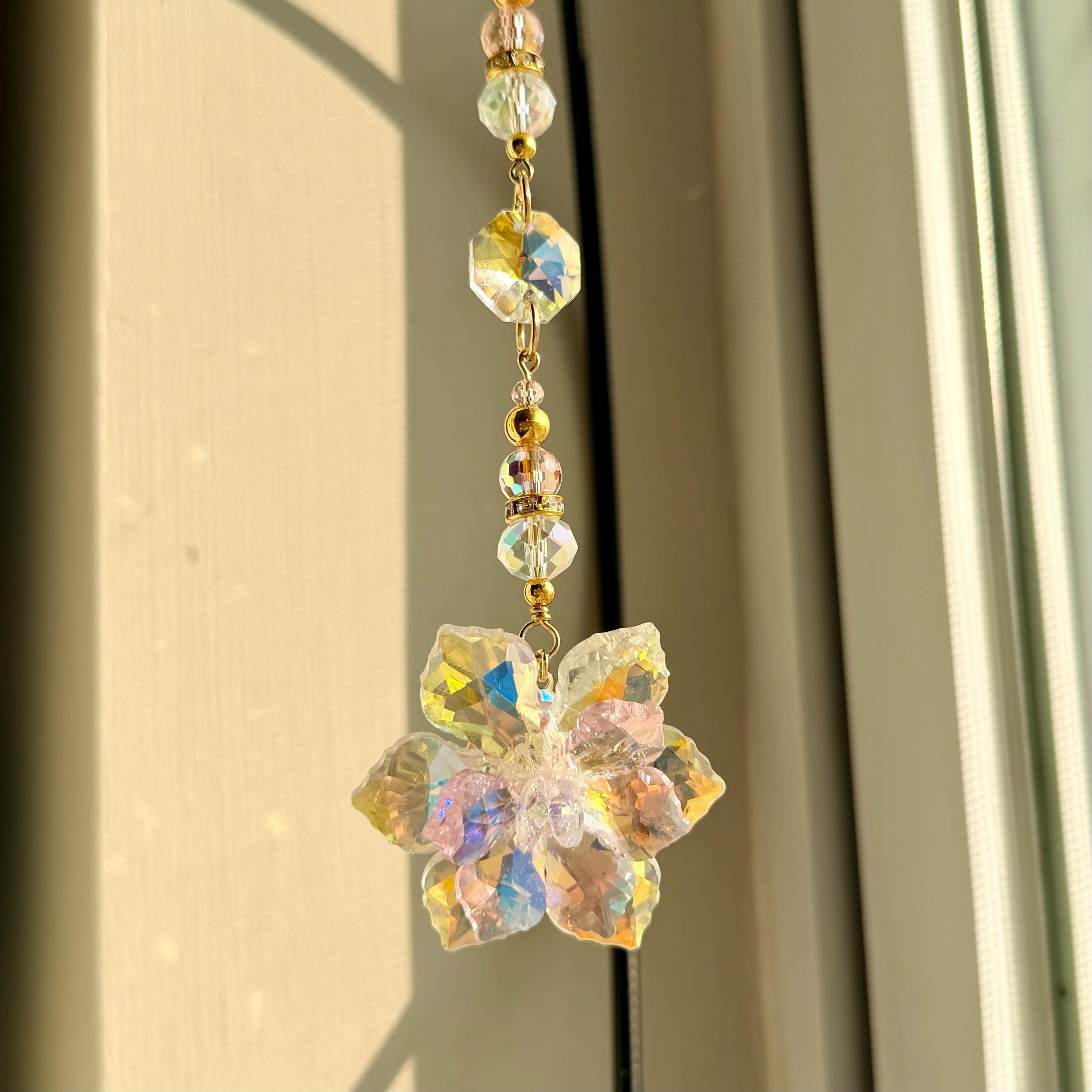 Crystal Lotus Flower Suncatcher Pink Prism Gold Chain Window Hanging Rearview Mirror Charm Car Decor