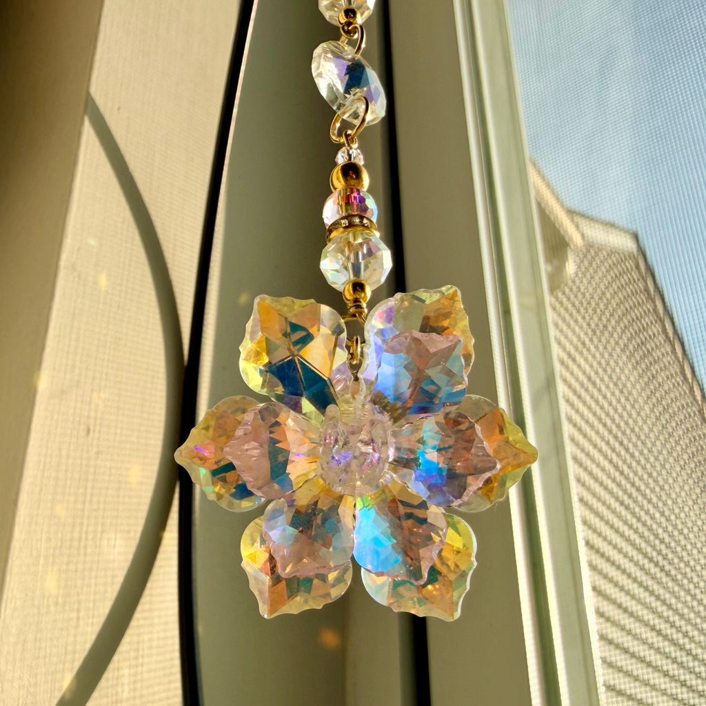 Crystal Lotus Flower Suncatcher Pink Prism Gold Chain Window Hanging Rearview Mirror Charm Car Decor