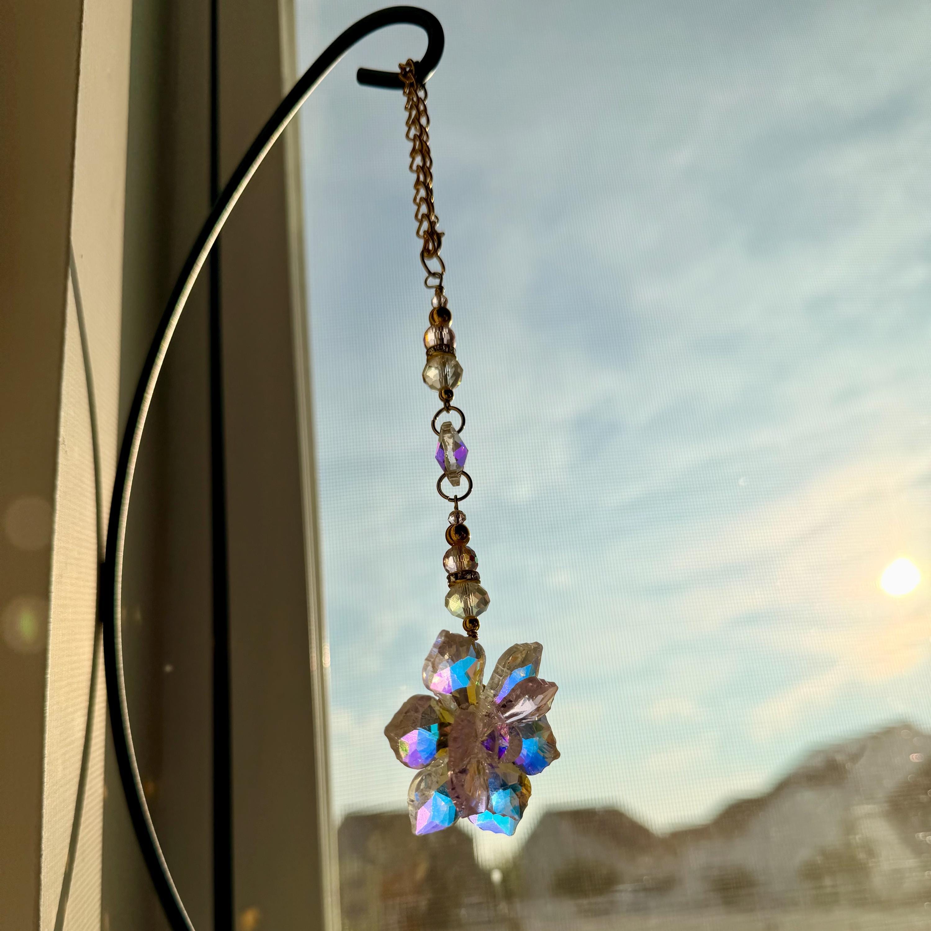 Crystal Lotus Flower Suncatcher Pink Prism Gold Chain Window Hanging Rearview Mirror Charm Car Decor