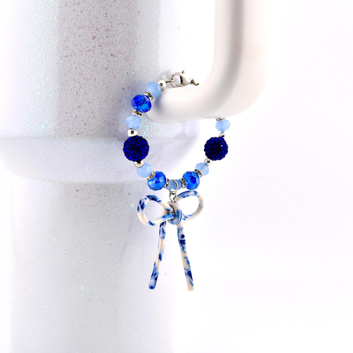 Blue Crystal Beaded Bracelet with Marbled Bow Charm | Handmade Tumbler Accessory