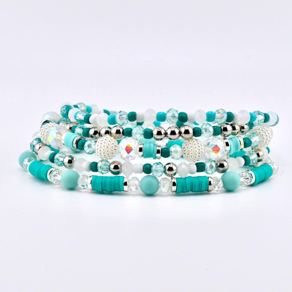 Teal Daisies Bracelet Collection: Teal Pearl and Silver Beaded Bracelets