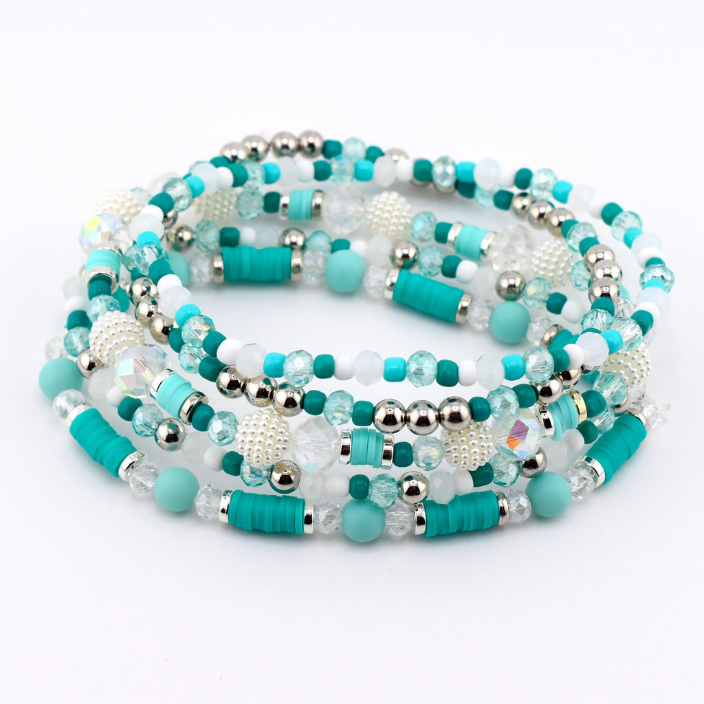 Teal Daisies Bracelet Collection: Teal Pearl and Silver Beaded Bracelets