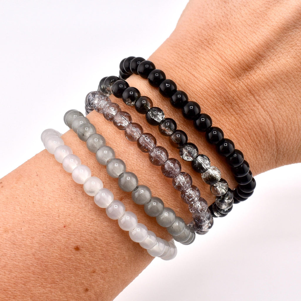 Neutral Beaded Bracelet | Black, Brown, Gray & White Glass Bead Stretch Bracelet | Minimalist Stackable Handmade Jewelry