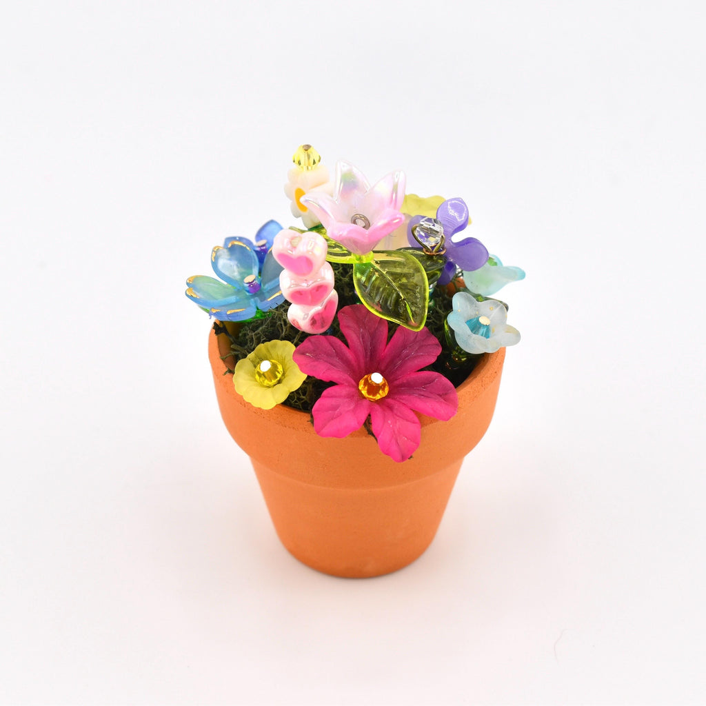 Mini Beaded Flower Arrangement in Tiny Mug or Clay Pot | Handmade Flowers on Moss | Pastel Desk Decor | Forever Bouquet | Fairy Garden Gift