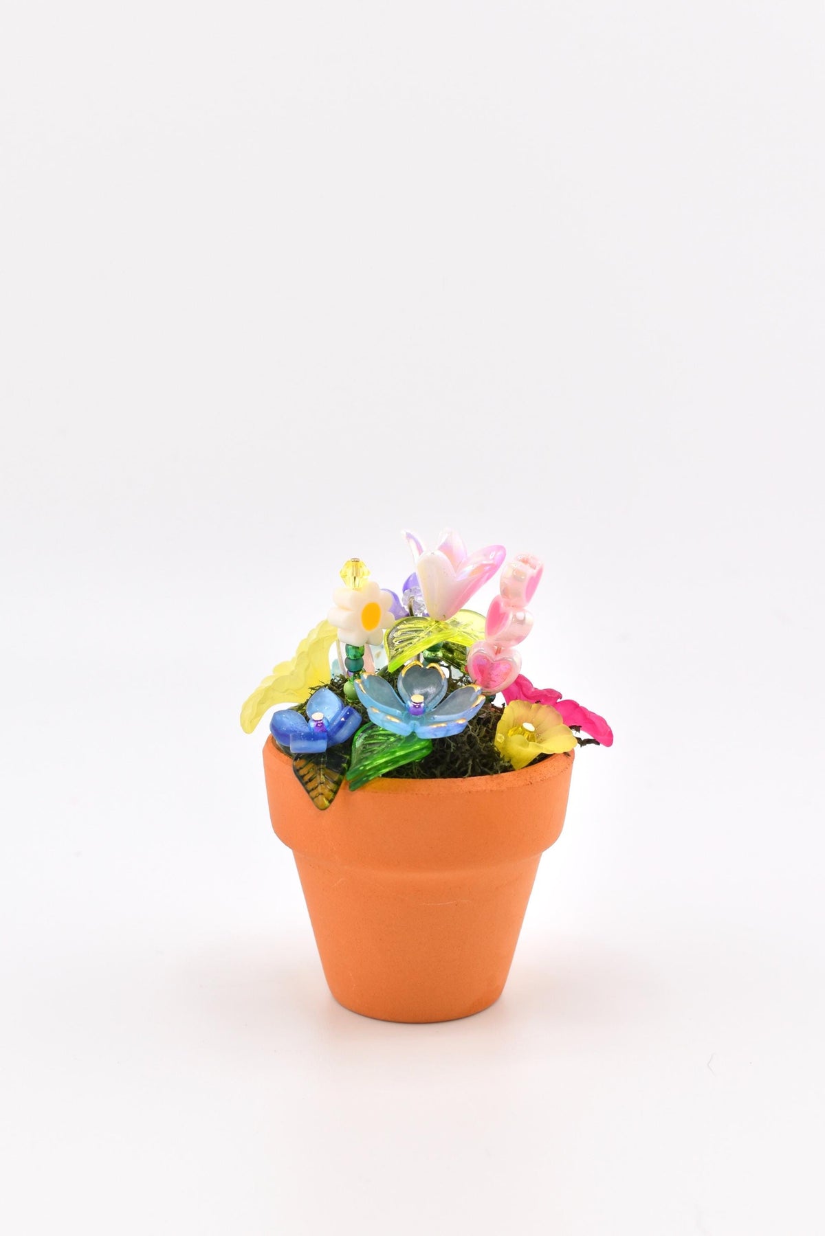 Mini Beaded Flower Arrangement in Tiny Mug or Clay Pot | Handmade Flowers on Moss | Pastel Desk Decor | Forever Bouquet | Fairy Garden Gift