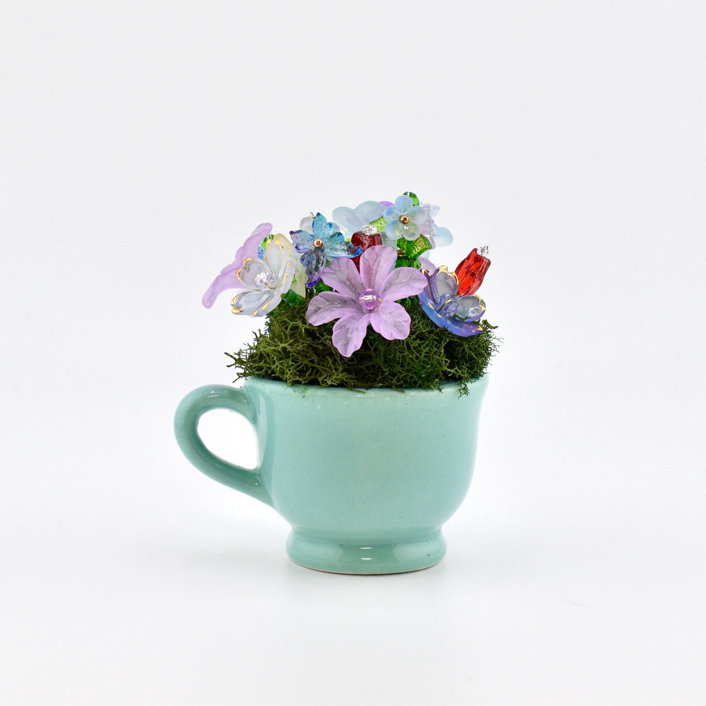 Mini Beaded Flower Arrangement in Tiny Mug or Clay Pot | Handmade Flowers on Moss | Pastel Desk Decor | Forever Bouquet | Fairy Garden Gift