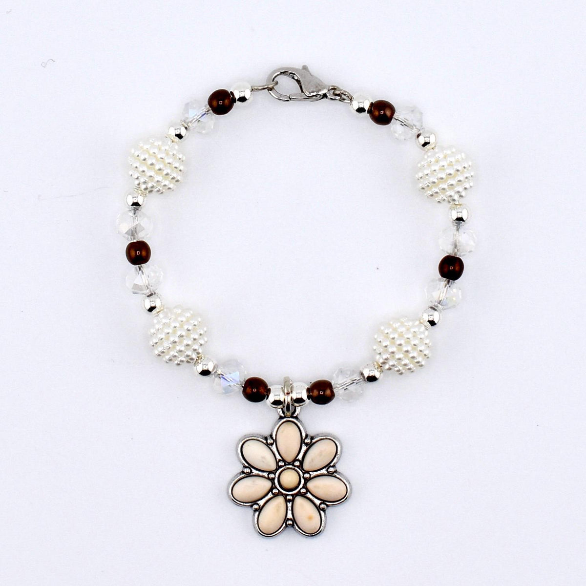Daisy Darling Tumbler Handle Bracelet | Blue Pink and Cream Beaded Handle Charms with Silver and Pearl Accents