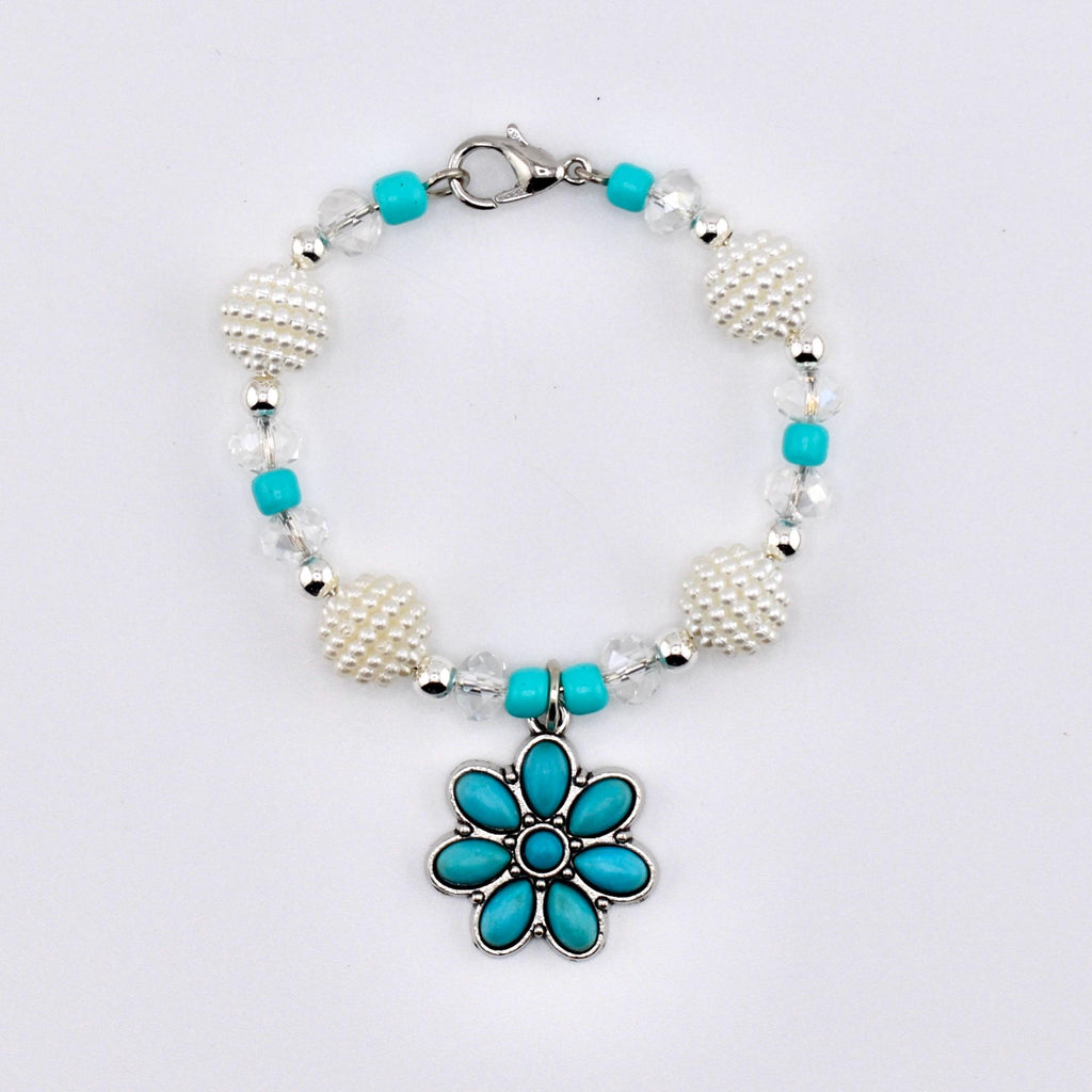 Daisy Darling Tumbler Handle Bracelet | Blue Pink and Cream Beaded Handle Charms with Silver and Pearl Accents