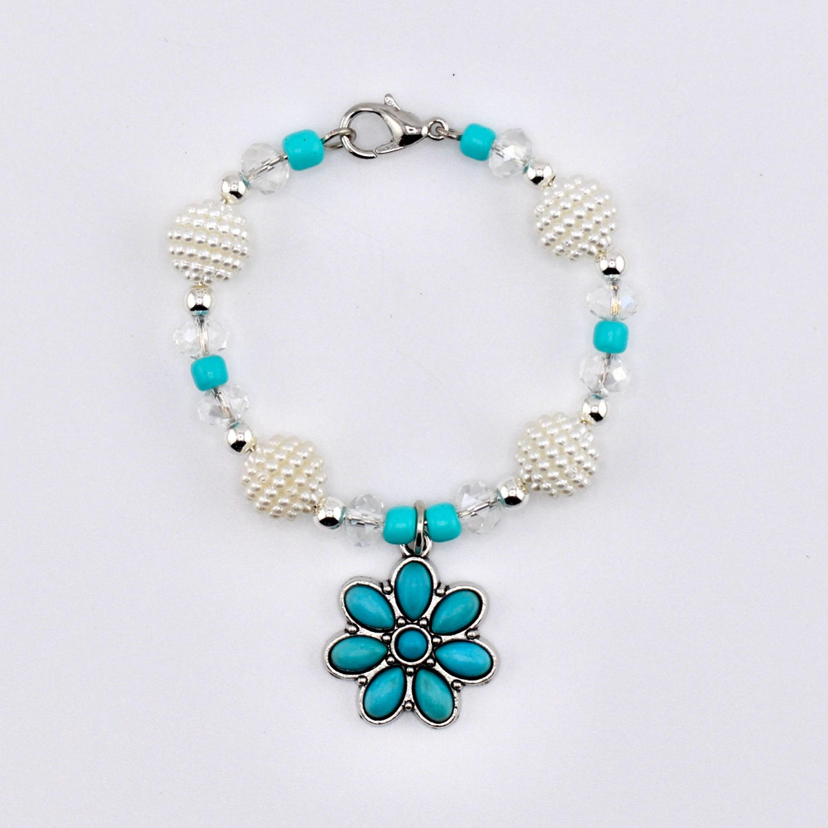 Daisy Darling Tumbler Handle Bracelet | Blue Pink and Cream Beaded Handle Charms with Silver and Pearl Accents