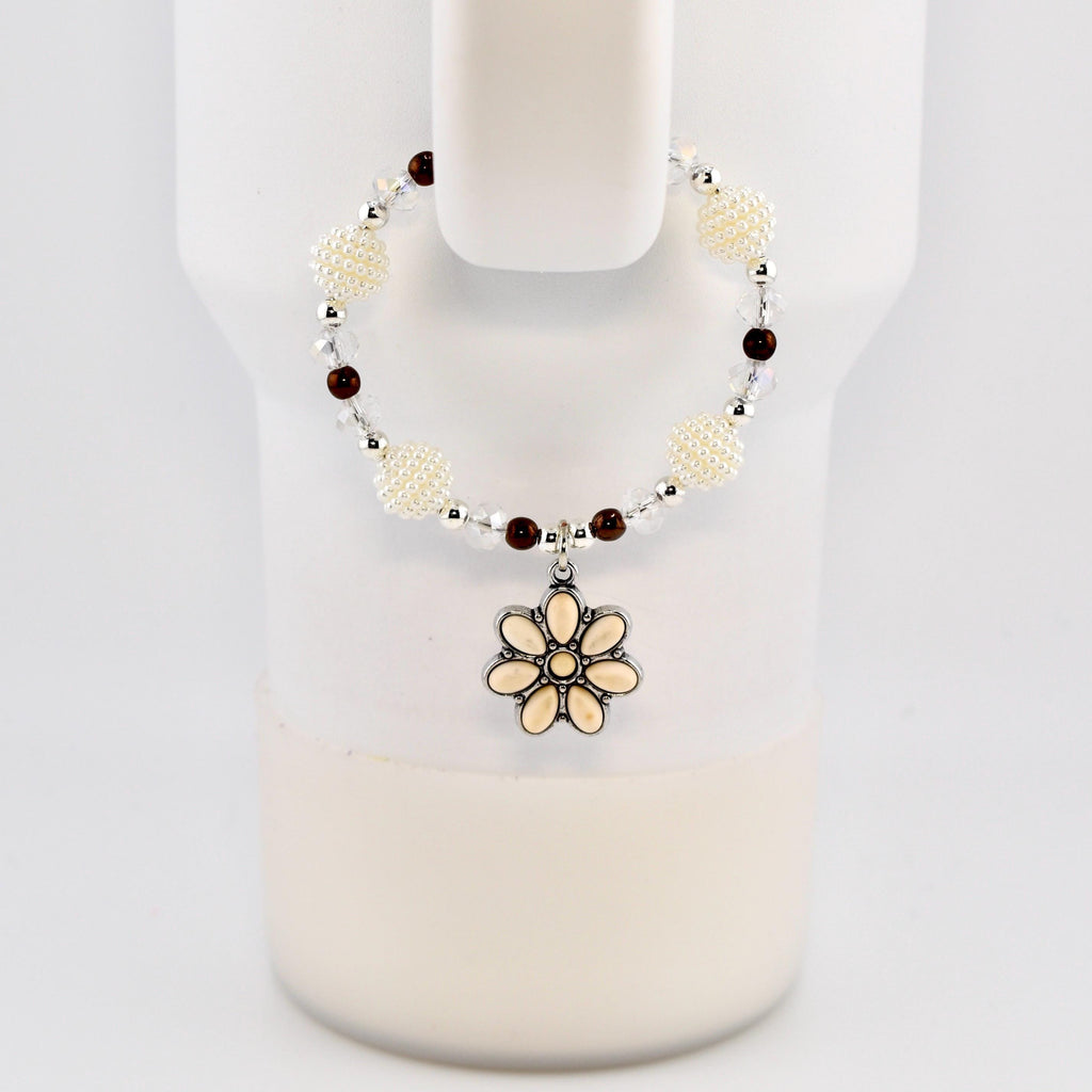 Daisy Darling Tumbler Handle Bracelet | Blue Pink and Cream Beaded Handle Charms with Silver and Pearl Accents