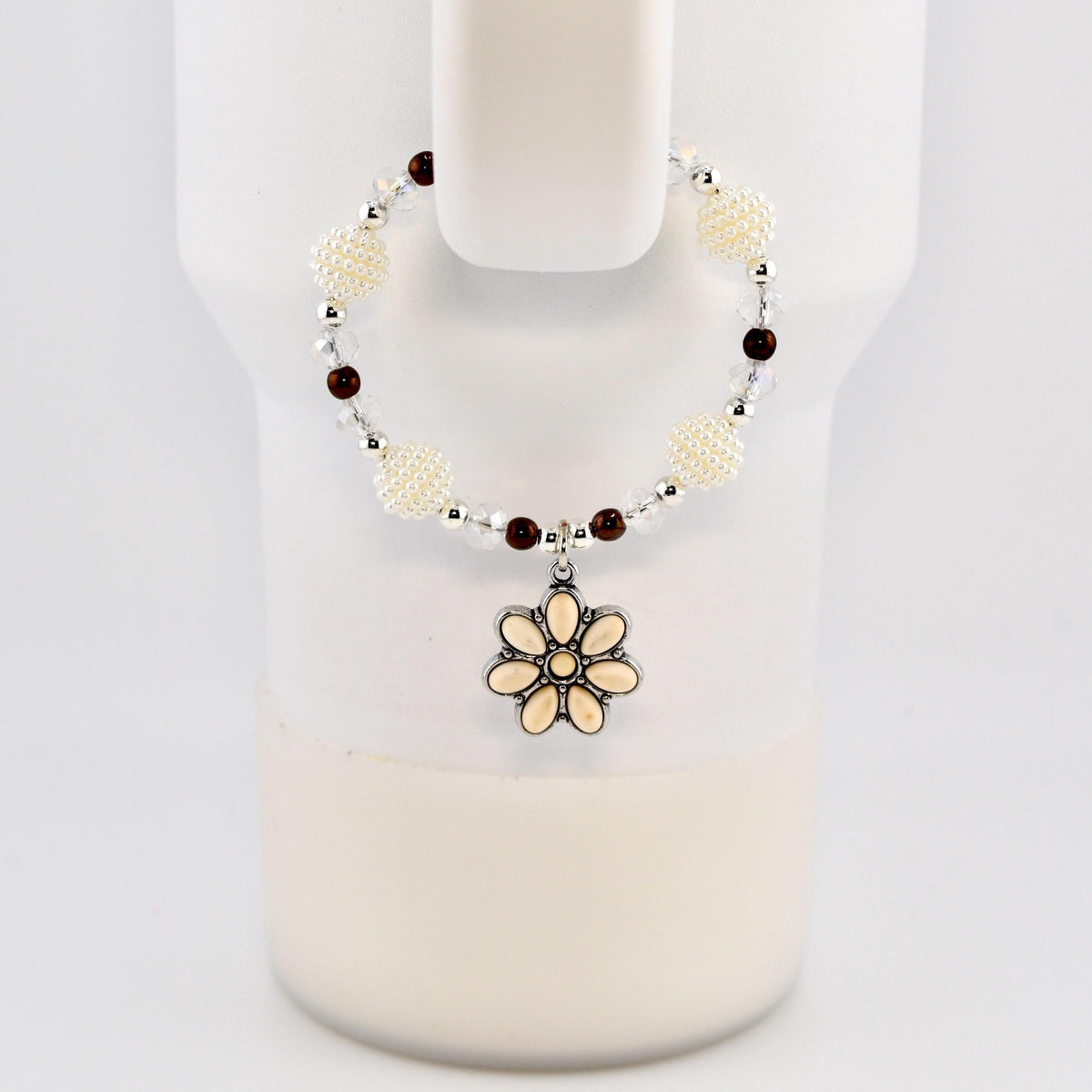 Daisy Darling Tumbler Handle Bracelet | Blue Pink and Cream Beaded Handle Charms with Silver and Pearl Accents