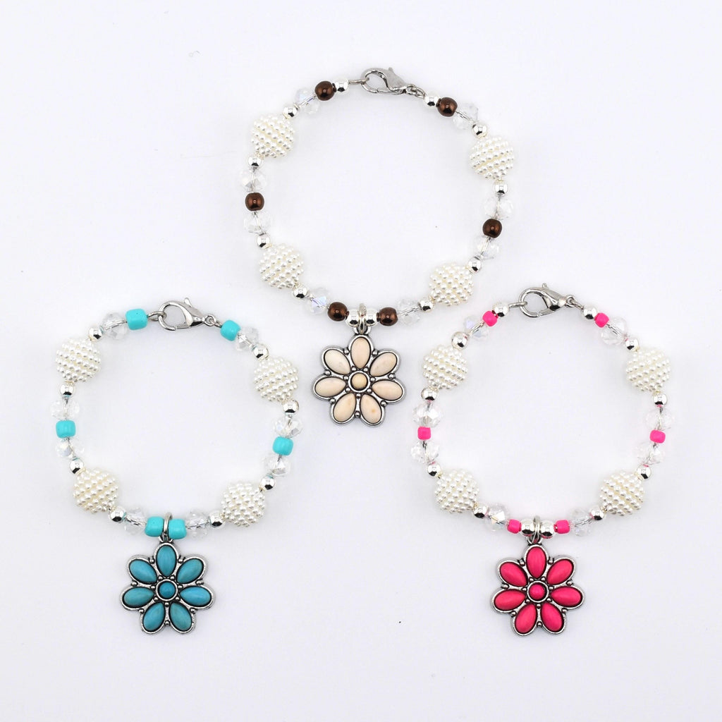 Daisy Darling Tumbler Handle Bracelet | Blue Pink and Cream Beaded Handle Charms with Silver and Pearl Accents