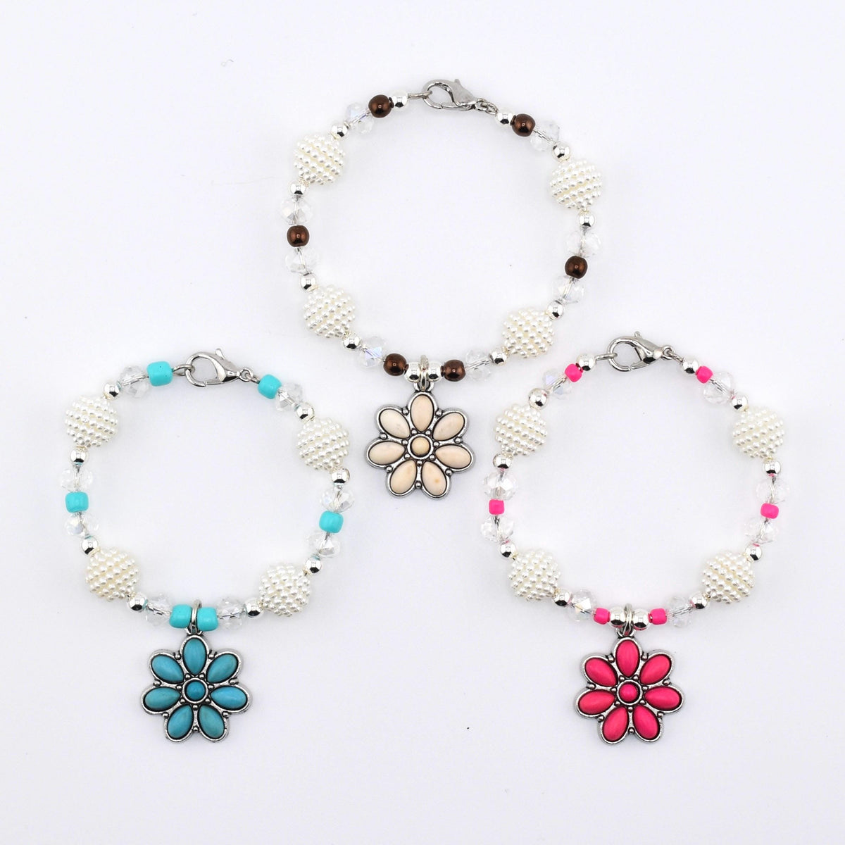 Daisy Darling Tumbler Handle Bracelet | Blue Pink and Cream Beaded Handle Charms with Silver and Pearl Accents