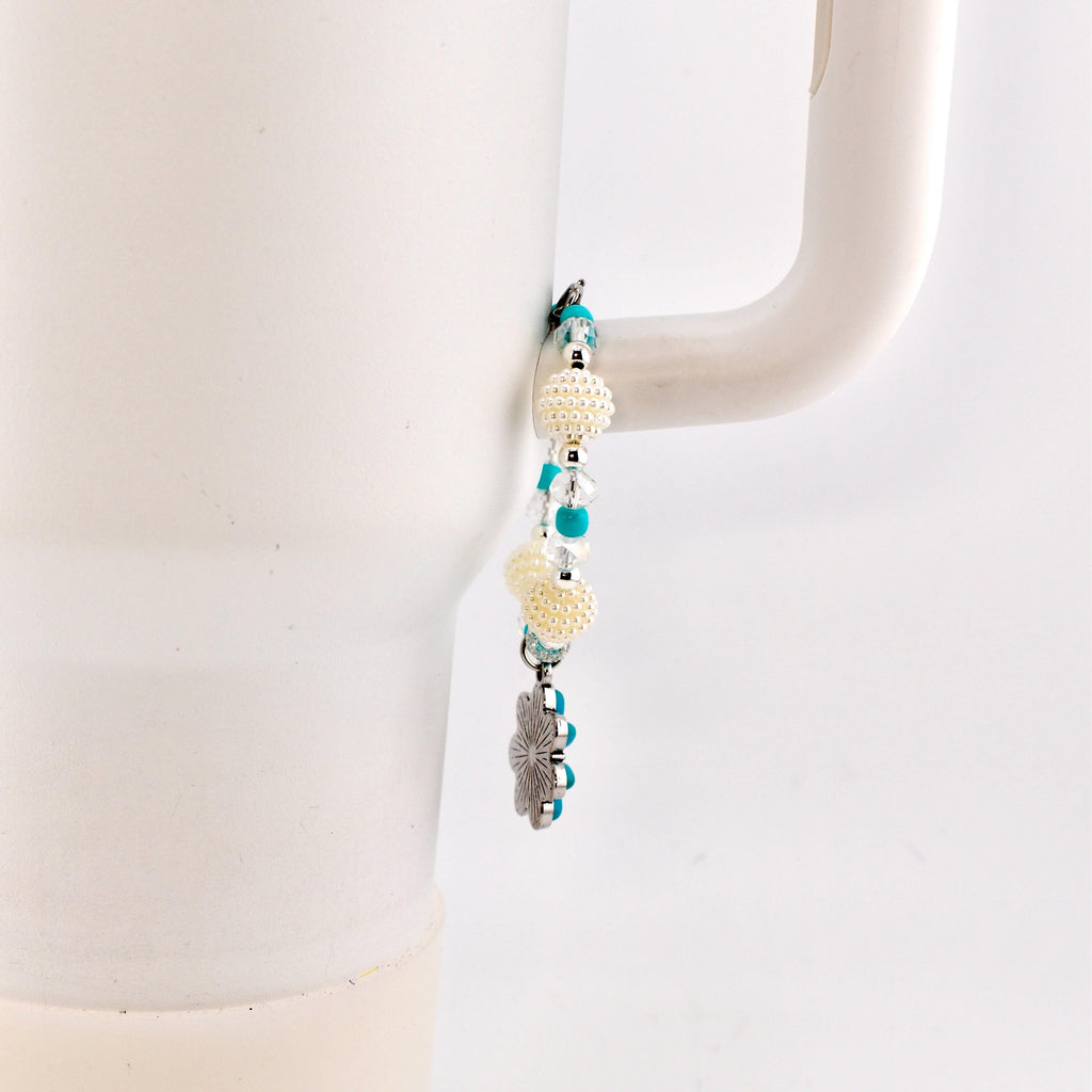 Daisy Darling Tumbler Handle Bracelet | Blue Pink and Cream Beaded Handle Charms with Silver and Pearl Accents