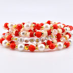 Red and Cream Personalized Beaded Bracelet Stack with Gold and Pearl Accent Beads