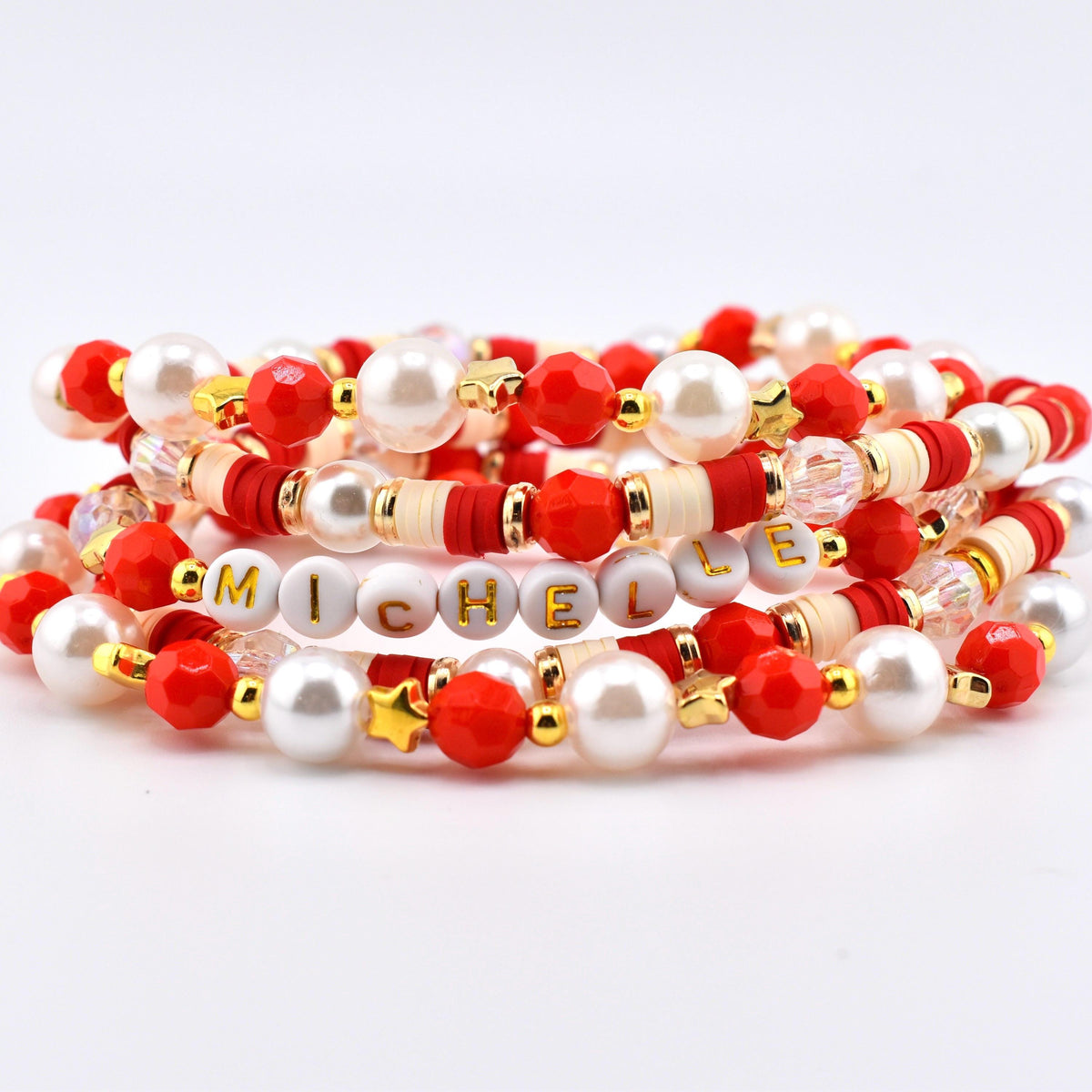 Red and Cream Personalized Beaded Bracelet Stack with Gold and Pearl Accent Beads