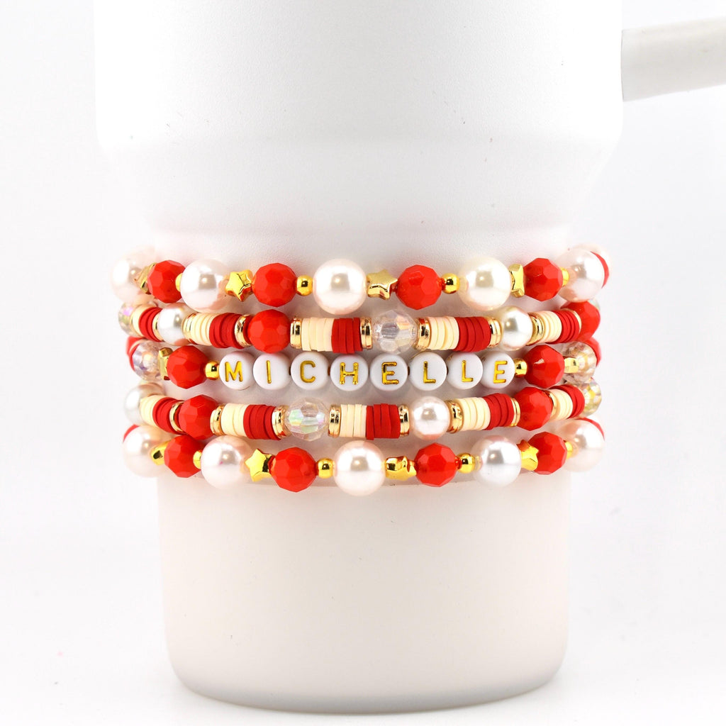Red and Cream Personalized Beaded Bracelet Stack with Gold and Pearl Accent Beads