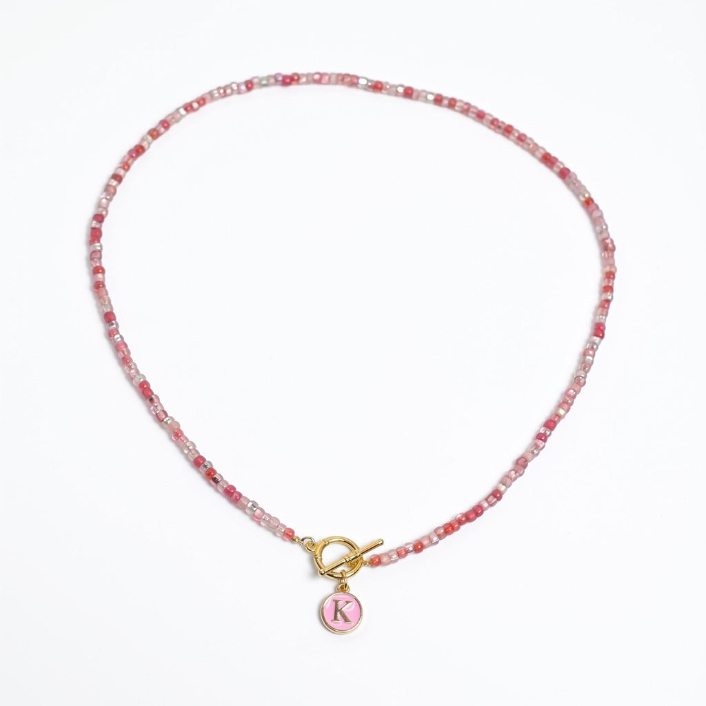 Pink Beaded Necklace with Custom Initial Charm