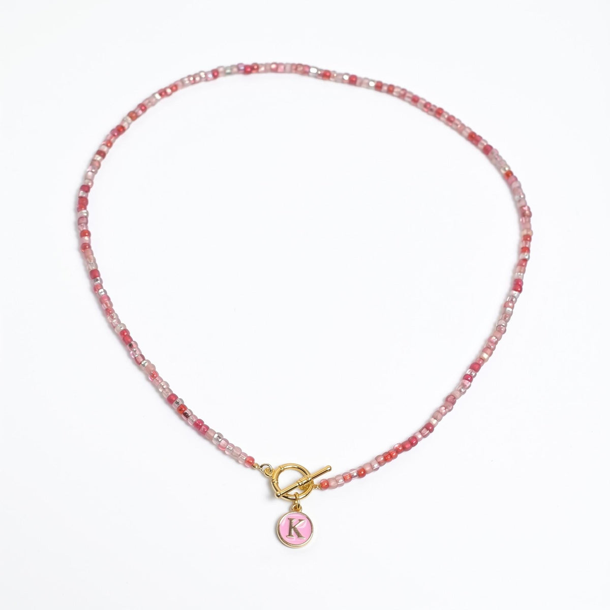 Pink Beaded Necklace with Custom Initial Charm