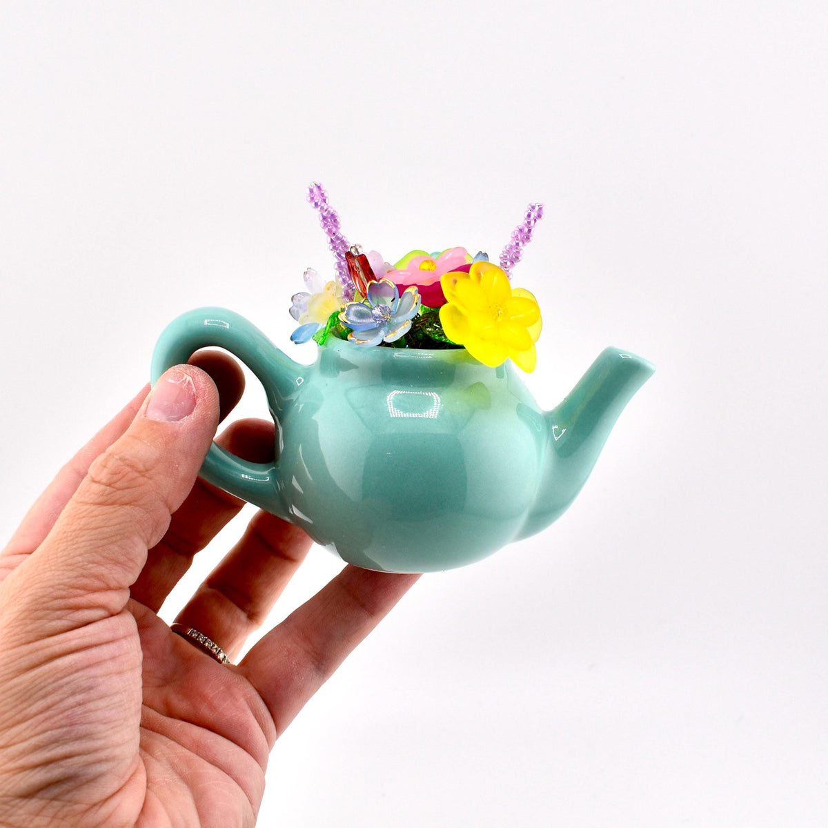 Mini Beaded Flower Arrangement in Tiny Mug or Clay Pot | Handmade Flowers on Moss | Pastel Desk Decor | Forever Bouquet | Fairy Garden Gift