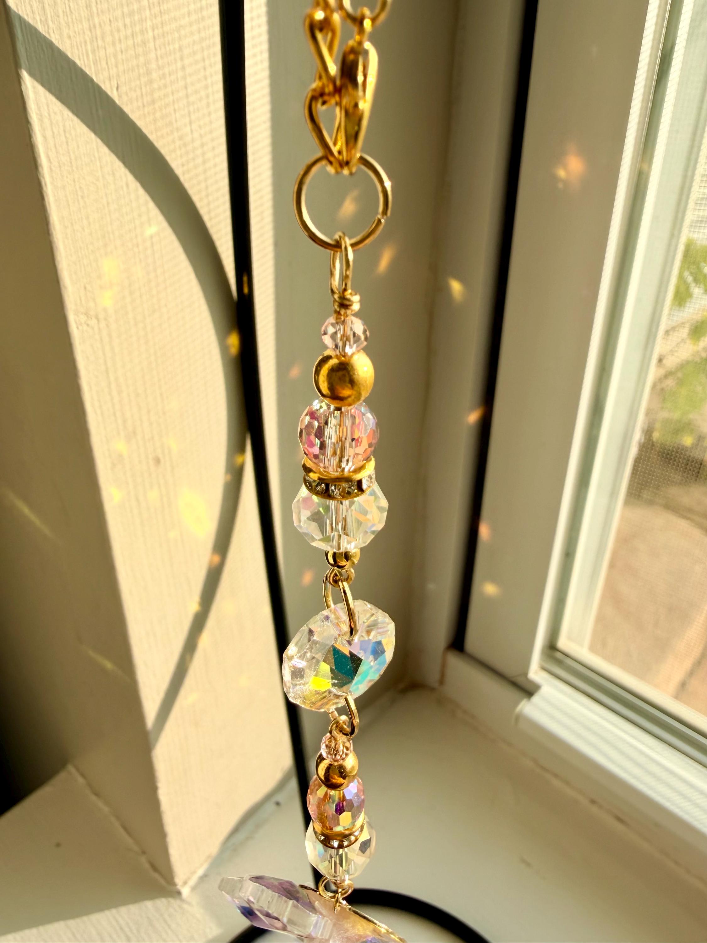 Crystal Lotus Flower Suncatcher Pink Prism Gold Chain Window Hanging Rearview Mirror Charm Car Decor