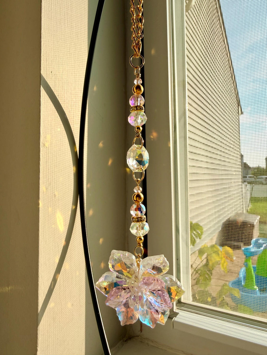 Crystal Lotus Flower Suncatcher Pink Prism Gold Chain Window Hanging Rearview Mirror Charm Car Decor