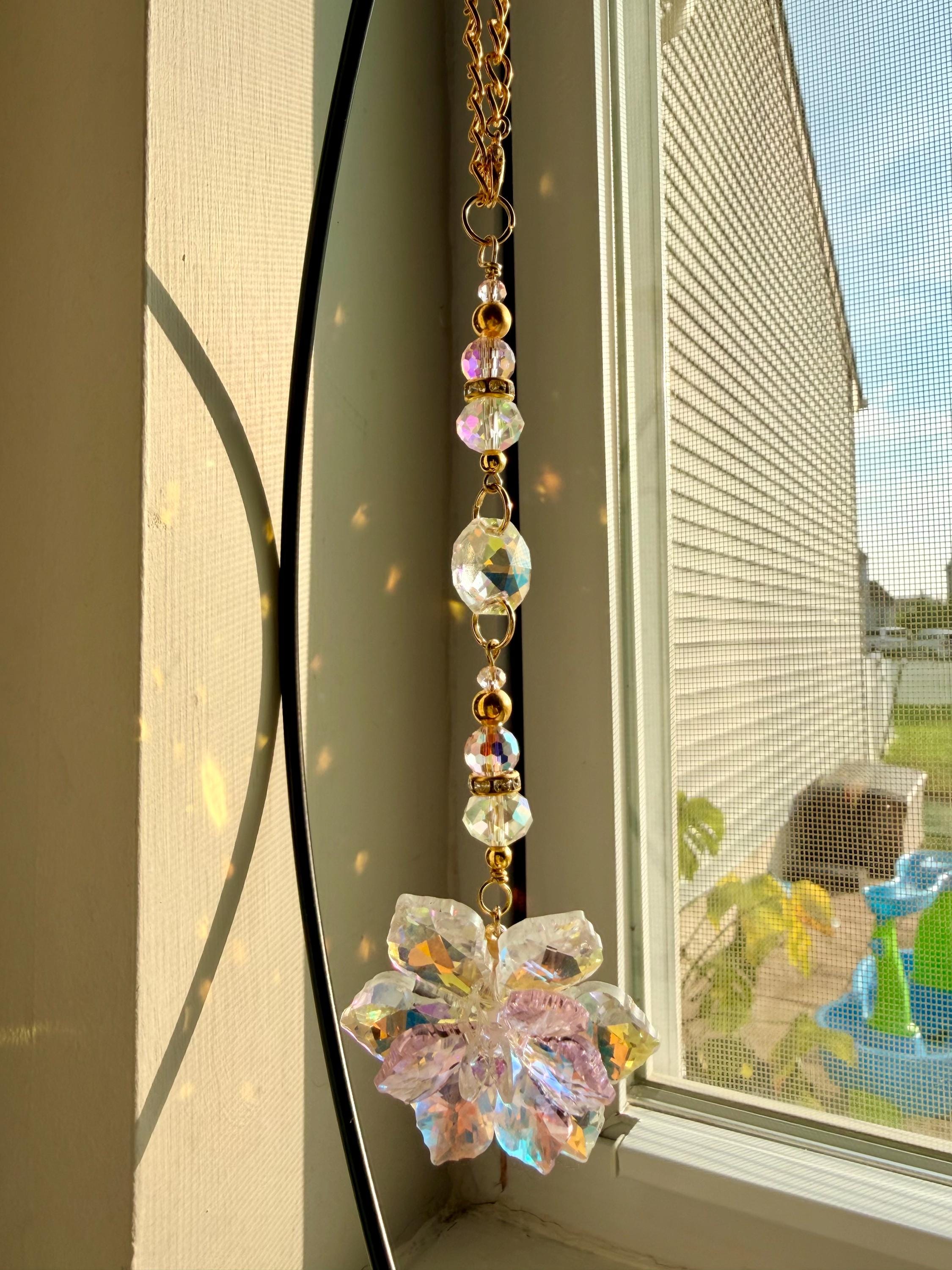 Crystal Lotus Flower Suncatcher Pink Prism Gold Chain Window Hanging Rearview Mirror Charm Car Decor
