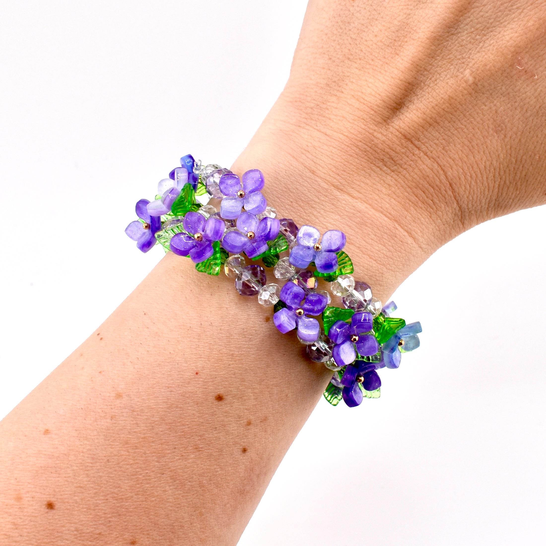 Violet Garden Bracelet Stack | Purple Flower Beaded Stretch Bracelets