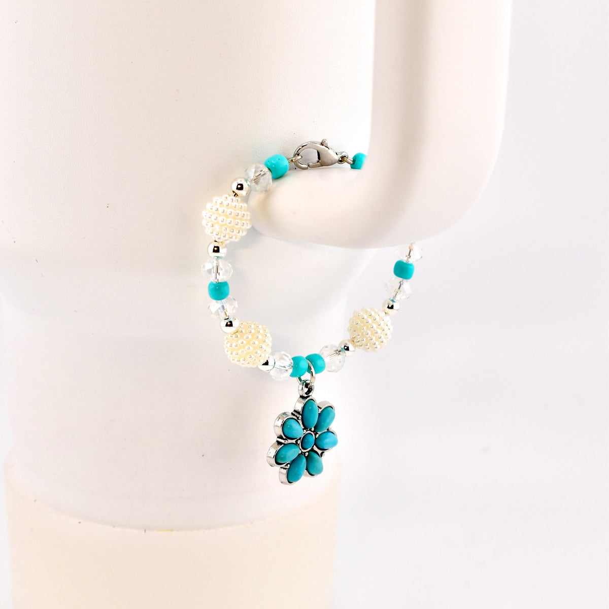 Daisy Darling Tumbler Handle Bracelet | Blue Pink and Cream Beaded Handle Charms with Silver and Pearl Accents