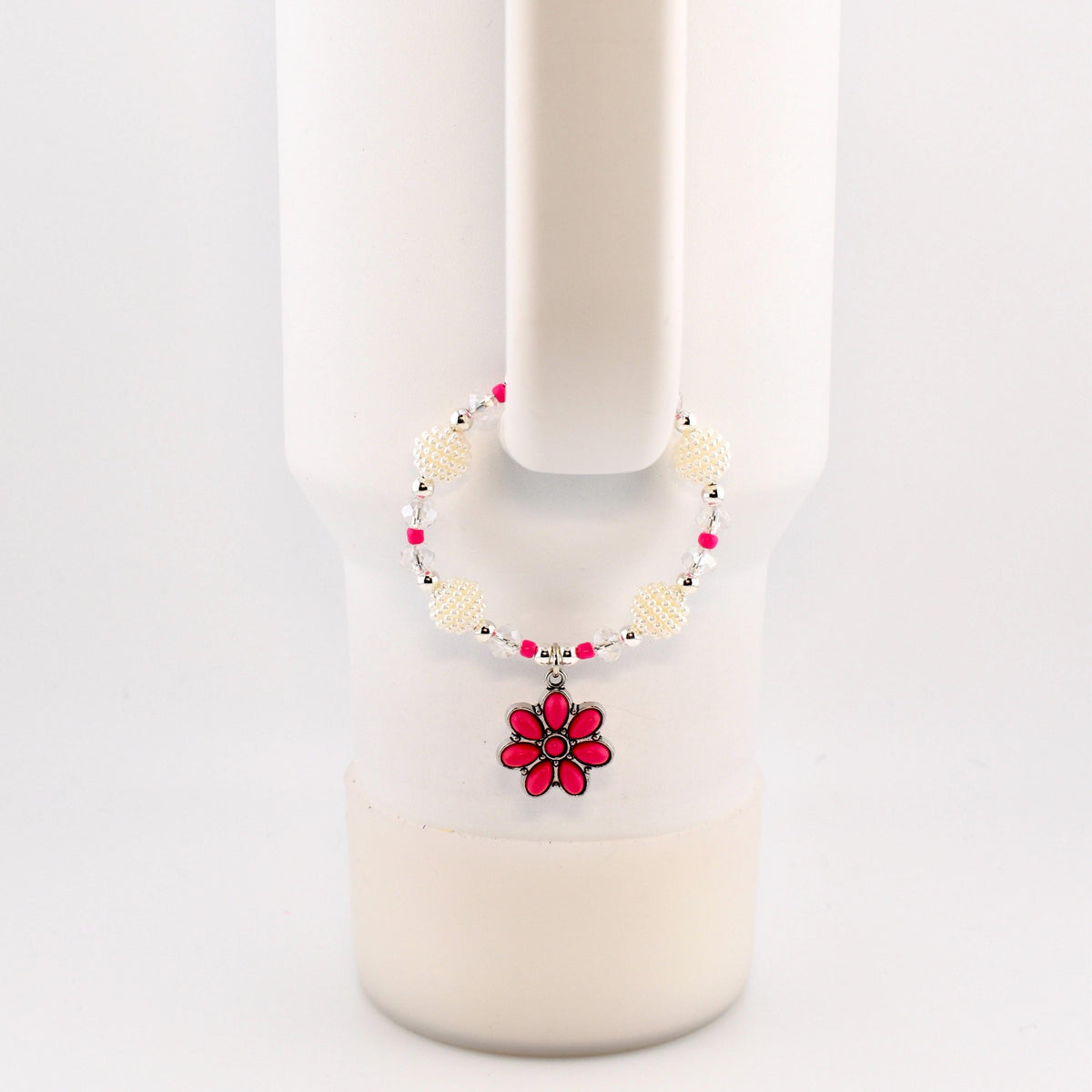 Daisy Darling Tumbler Handle Bracelet | Blue Pink and Cream Beaded Handle Charms with Silver and Pearl Accents