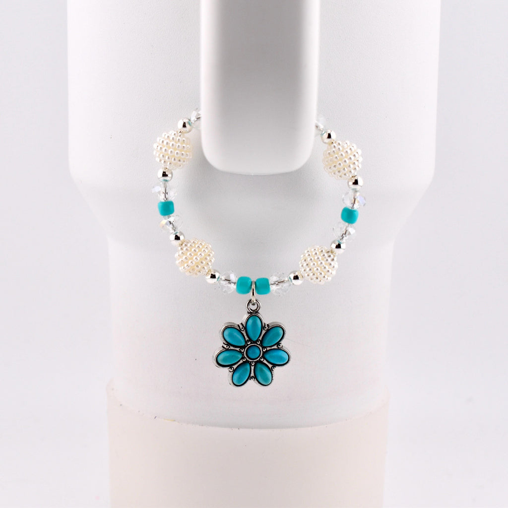Daisy Darling Tumbler Handle Bracelet | Blue Pink and Cream Beaded Handle Charms with Silver and Pearl Accents