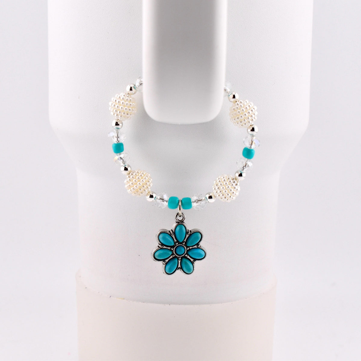 Daisy Darling Tumbler Handle Bracelet | Blue Pink and Cream Beaded Handle Charms with Silver and Pearl Accents
