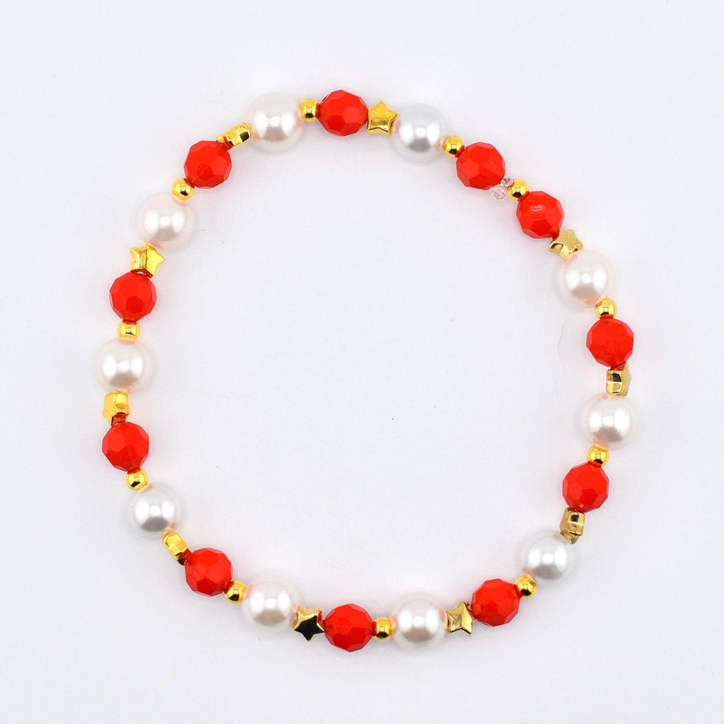 Red and Cream Personalized Beaded Bracelet Stack with Gold and Pearl Accent Beads