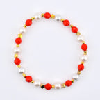 Red and Cream Personalized Beaded Bracelet Stack with Gold and Pearl Accent Beads