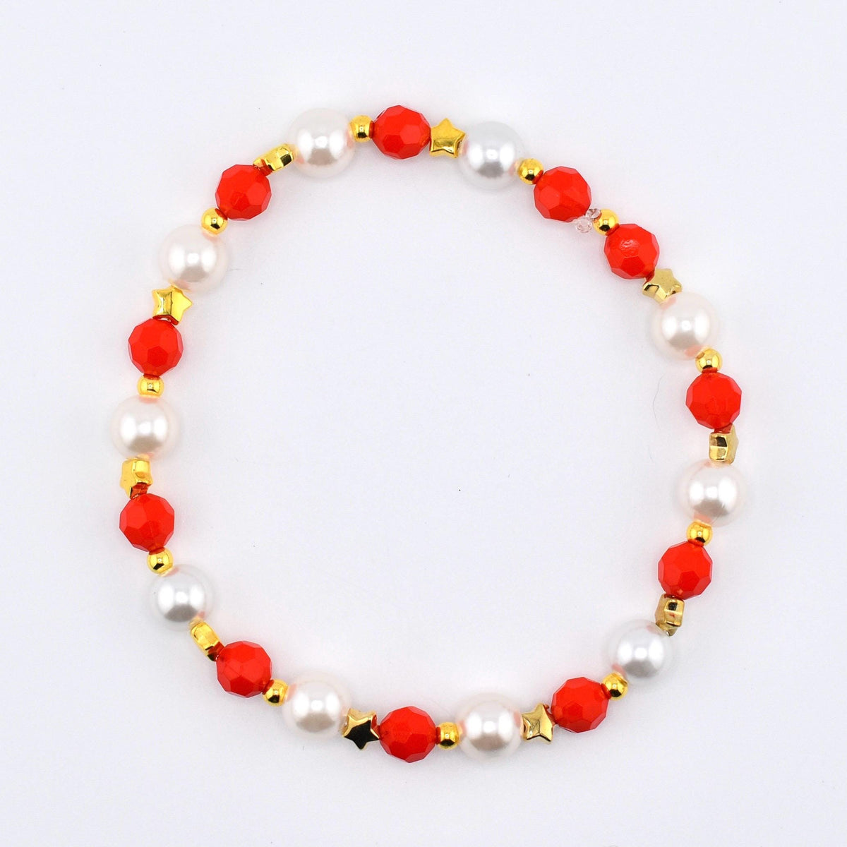 Red and Cream Personalized Beaded Bracelet Stack with Gold and Pearl Accent Beads