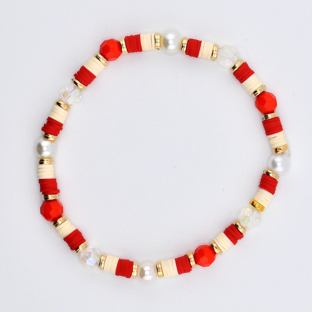 Red and Cream Personalized Beaded Bracelet Stack with Gold and Pearl Accent Beads