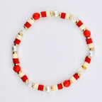 Red and Cream Personalized Beaded Bracelet Stack with Gold and Pearl Accent Beads