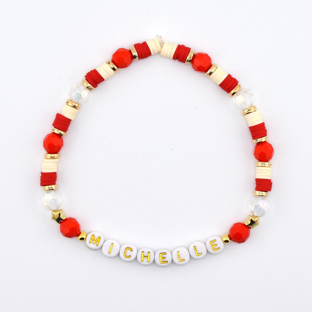 Red and Cream Personalized Beaded Bracelet Stack with Gold and Pearl Accent Beads