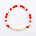 Red and Cream Personalized Beaded Bracelet Stack with Gold and Pearl Accent Beads