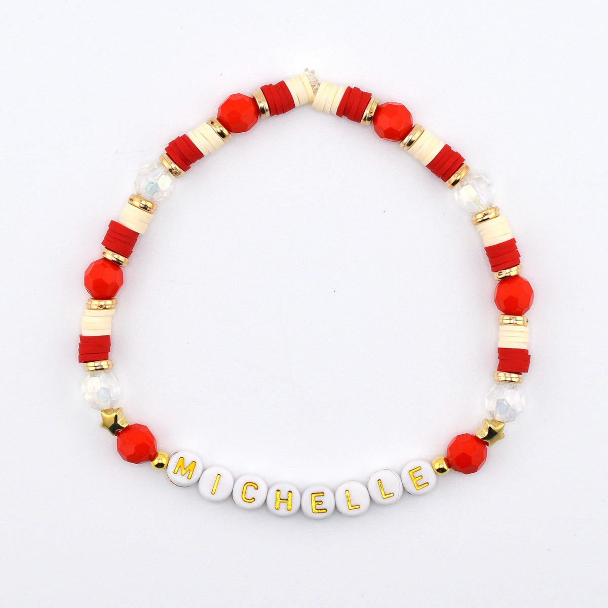 Red and Cream Personalized Beaded Bracelet Stack with Gold and Pearl Accent Beads