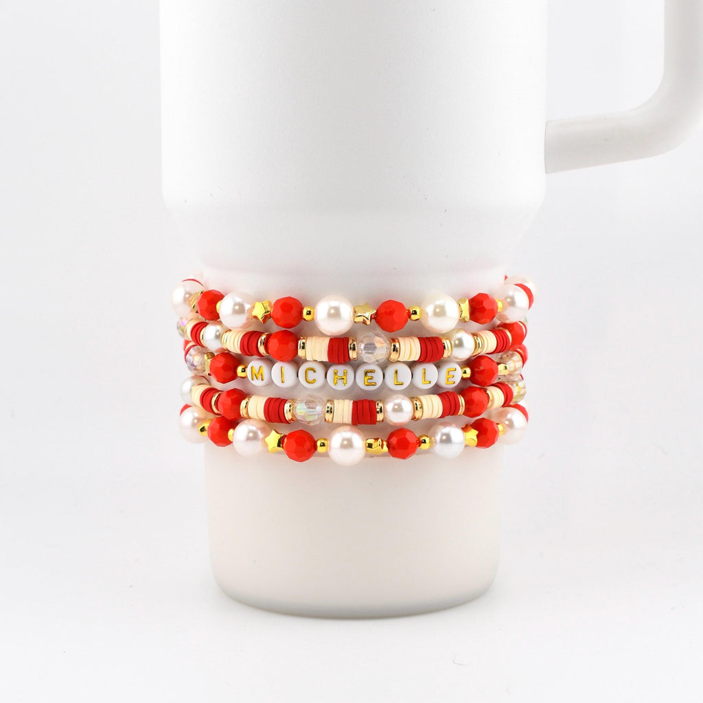 Red and Cream Personalized Beaded Bracelet Stack with Gold and Pearl Accent Beads