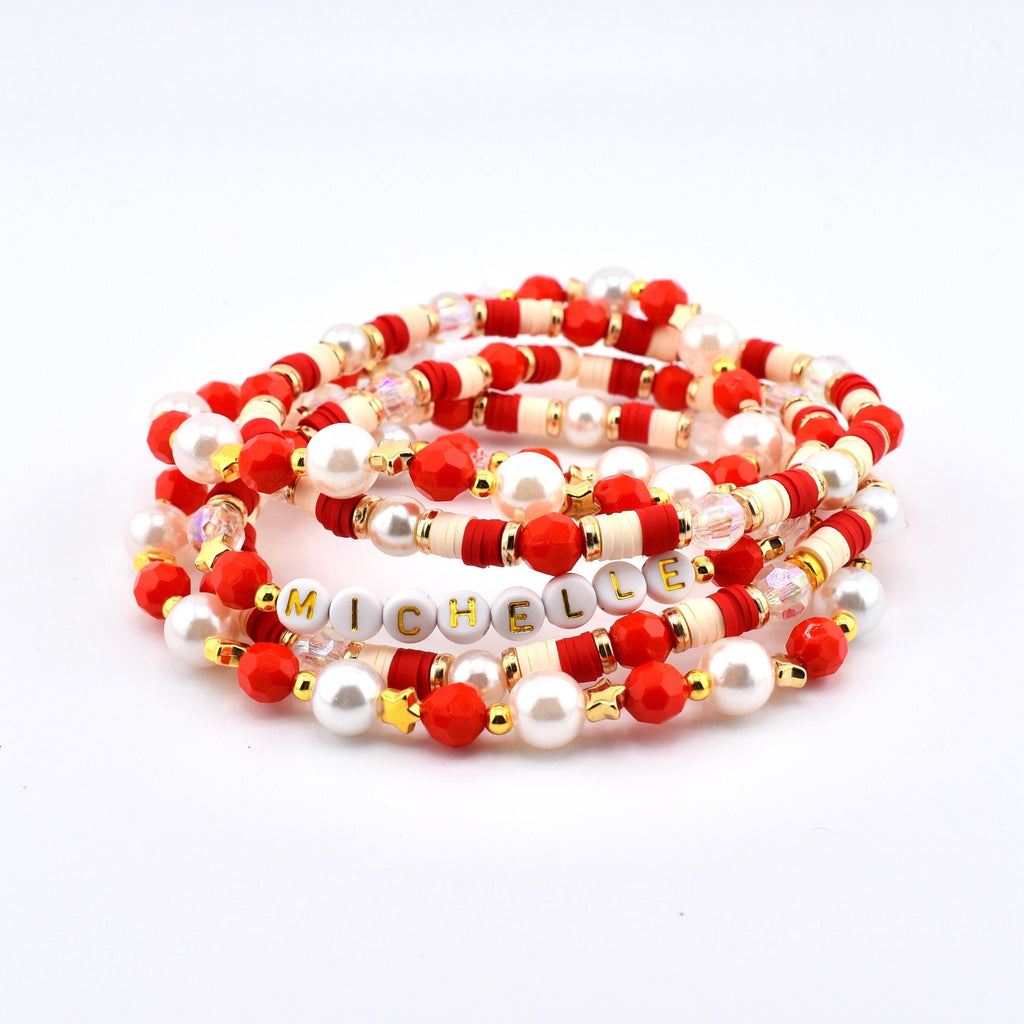 Red and Cream Personalized Beaded Bracelet Stack with Gold and Pearl Accent Beads