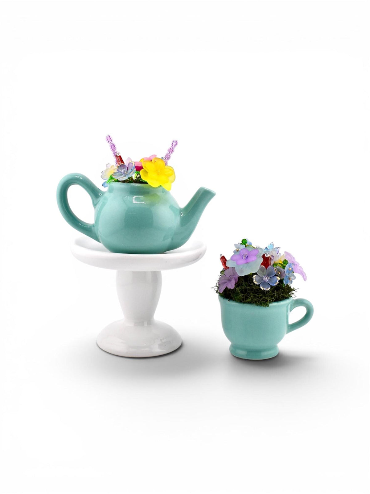 Mini Beaded Flower Arrangement in Tiny Mug or Clay Pot | Handmade Flowers on Moss | Pastel Desk Decor | Forever Bouquet | Fairy Garden Gift