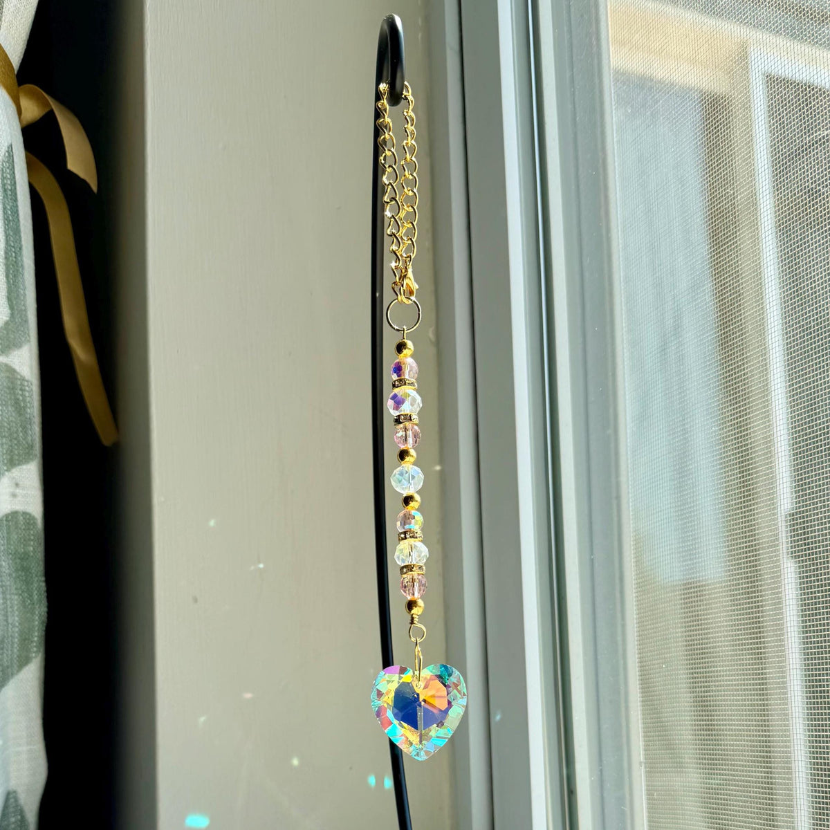 Crystal Heart Suncatcher: Pink, Clear AB Beads, Gold Accents, Rainbow Prism Maker Rearview Mirror Charm