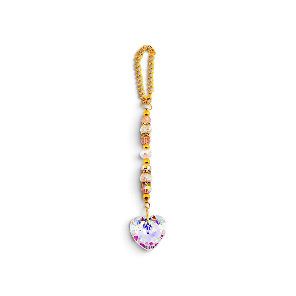 Crystal Heart Suncatcher: Pink, Clear AB Beads, Gold Accents, Rainbow Prism Maker Rearview Mirror Charm