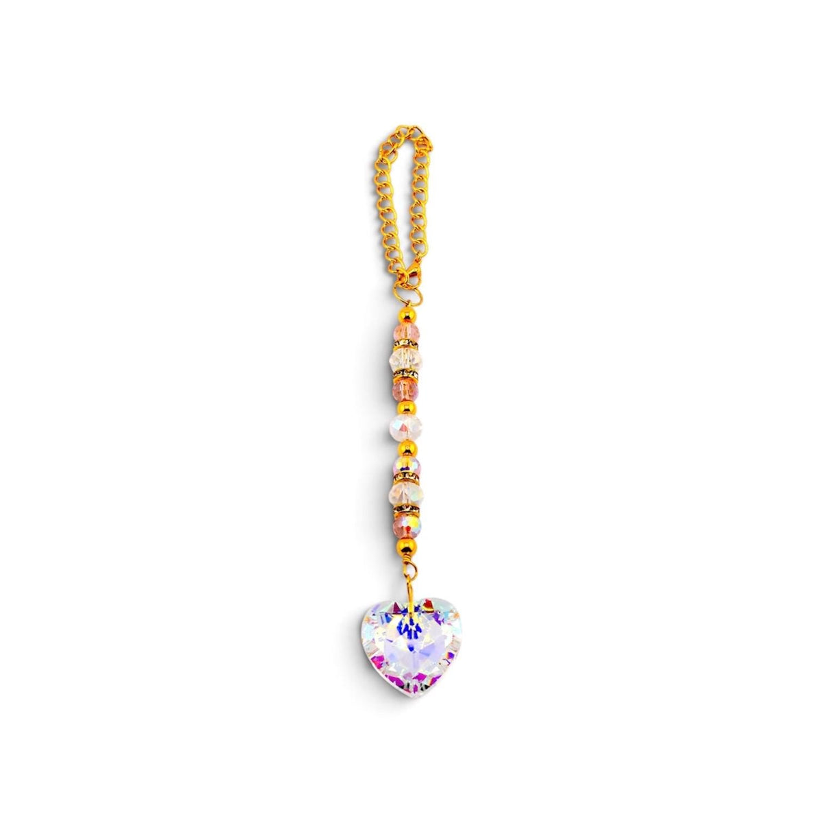 Crystal Heart Suncatcher: Pink, Clear AB Beads, Gold Accents, Rainbow Prism Maker Rearview Mirror Charm