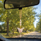 Pink Butterfly Suncatcher with Clear AB Beads & Gold Accents | Rainbow Prism Rearview Mirror Charm